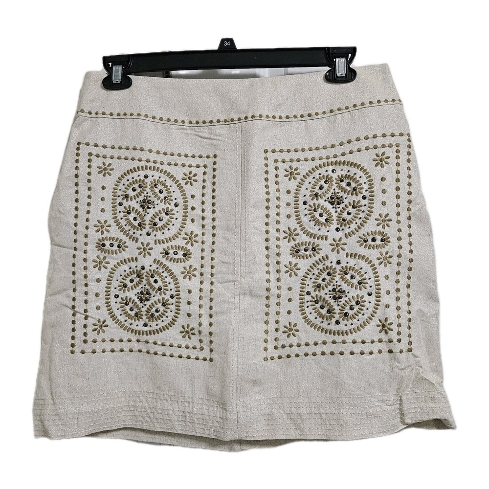 Floreat Mini Skirt Womens 10 Beige Gold Embroidered Lurex Linen Blend Pockets